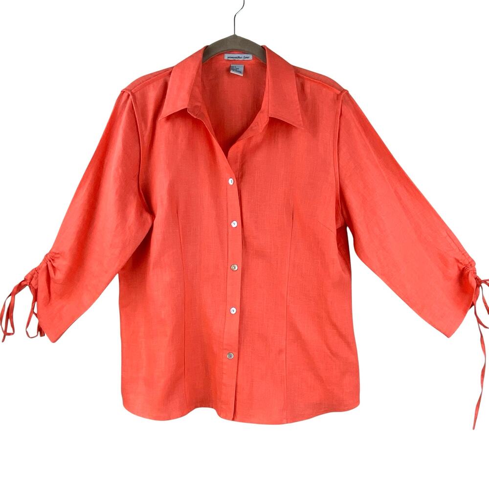 Samantha Love 100% Linen Shirt Coral Button Front Summer Resort Coastal